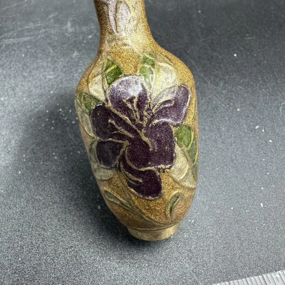 Vintage Miniature Cloisonné Enamel Brass Bud Vase 4” Floral Asian Decor